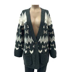 J. Jill Beaded Nordic Fair Isle Cardigan Sweater Wool Blend Womens M Petite Gray